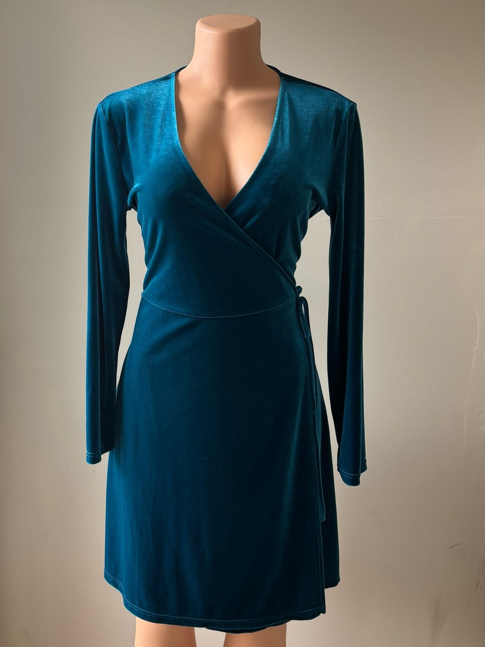 Teal Velvet Wrap Dress with Long Sleeves